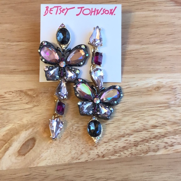 Betsey Johnson Hematite & Gold Tone Mismatch Crystal Butterfly Drop Earrings NWT - Picture 2 of 16